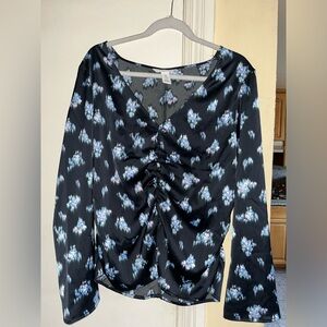 Blue and black floral print blouse